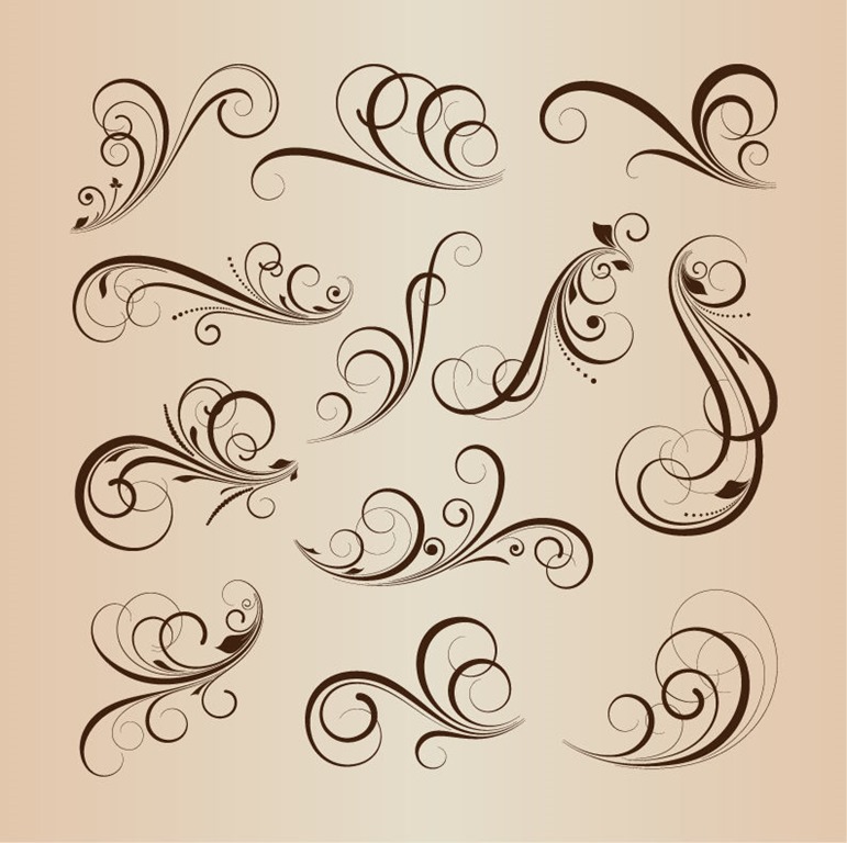 Swirling Flourishes Floral Decorative Elements Vector Illustration Set