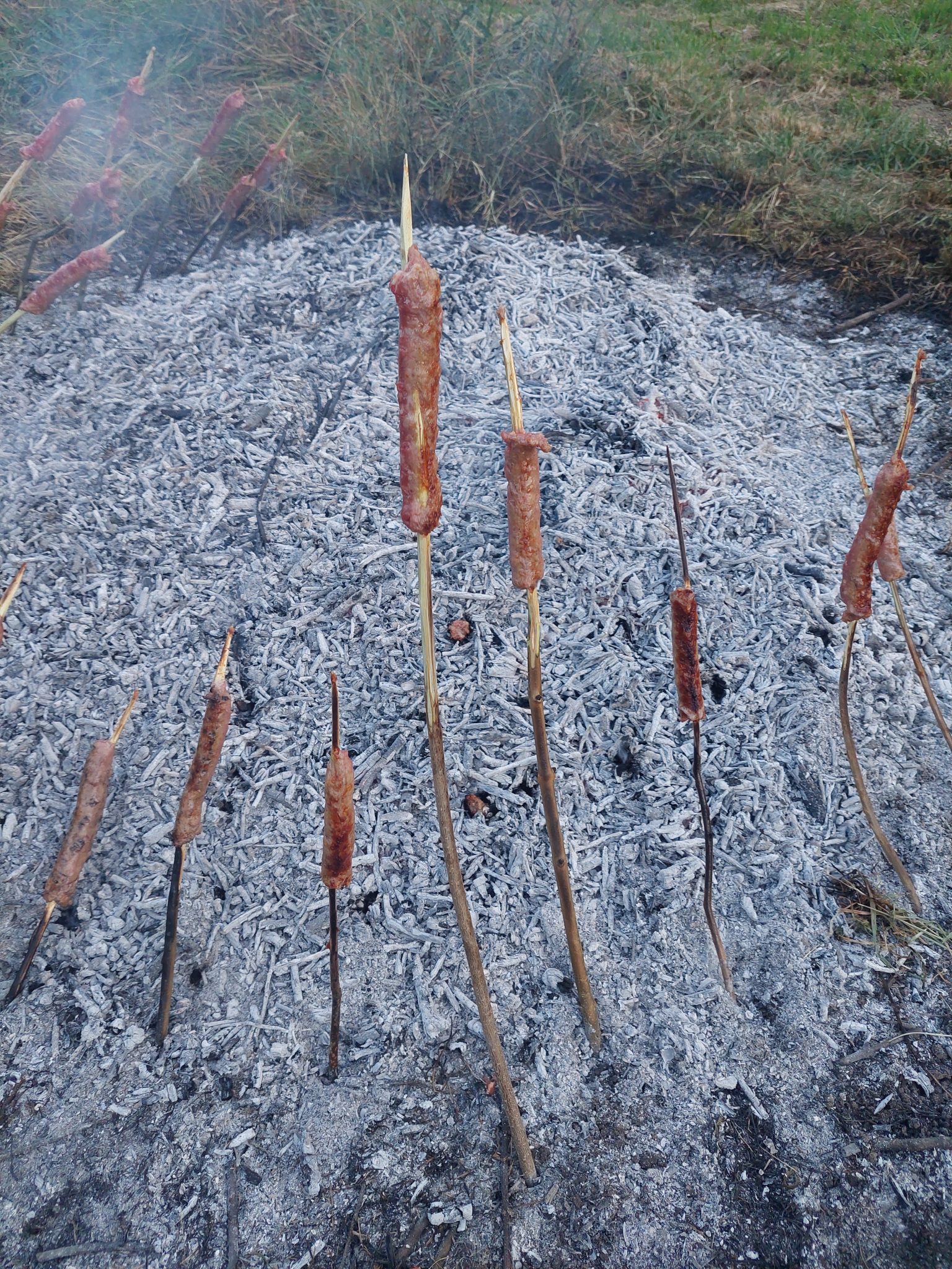 Pile of ash about knee high and twice as wide. Sticks are stuck into the ground around the edges, leaning over the ashes with sausages on the ends of the sticks.