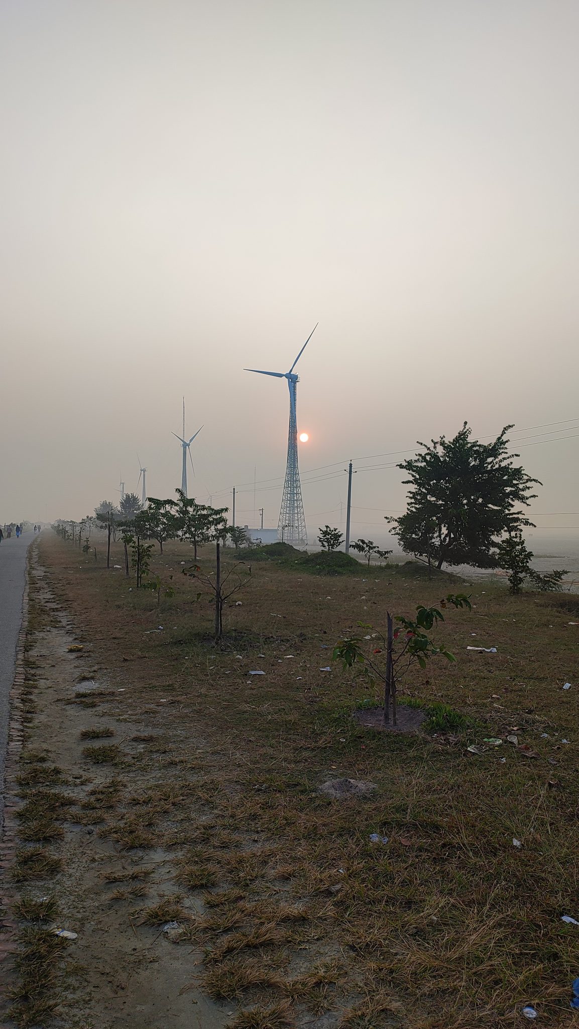Windmill and Sunrise,  The sun is just off the horizon in a foggy sky.  We're standing on the edge of a road, looking down the road to the horizon. Four giant industrial windmills are some distance from the road.