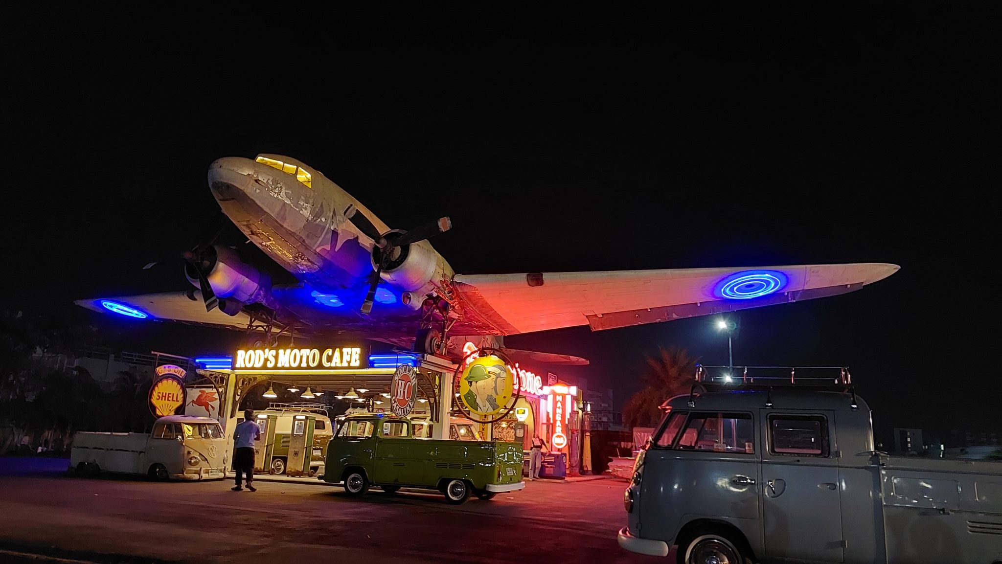 A cafe with aeroplane with lights