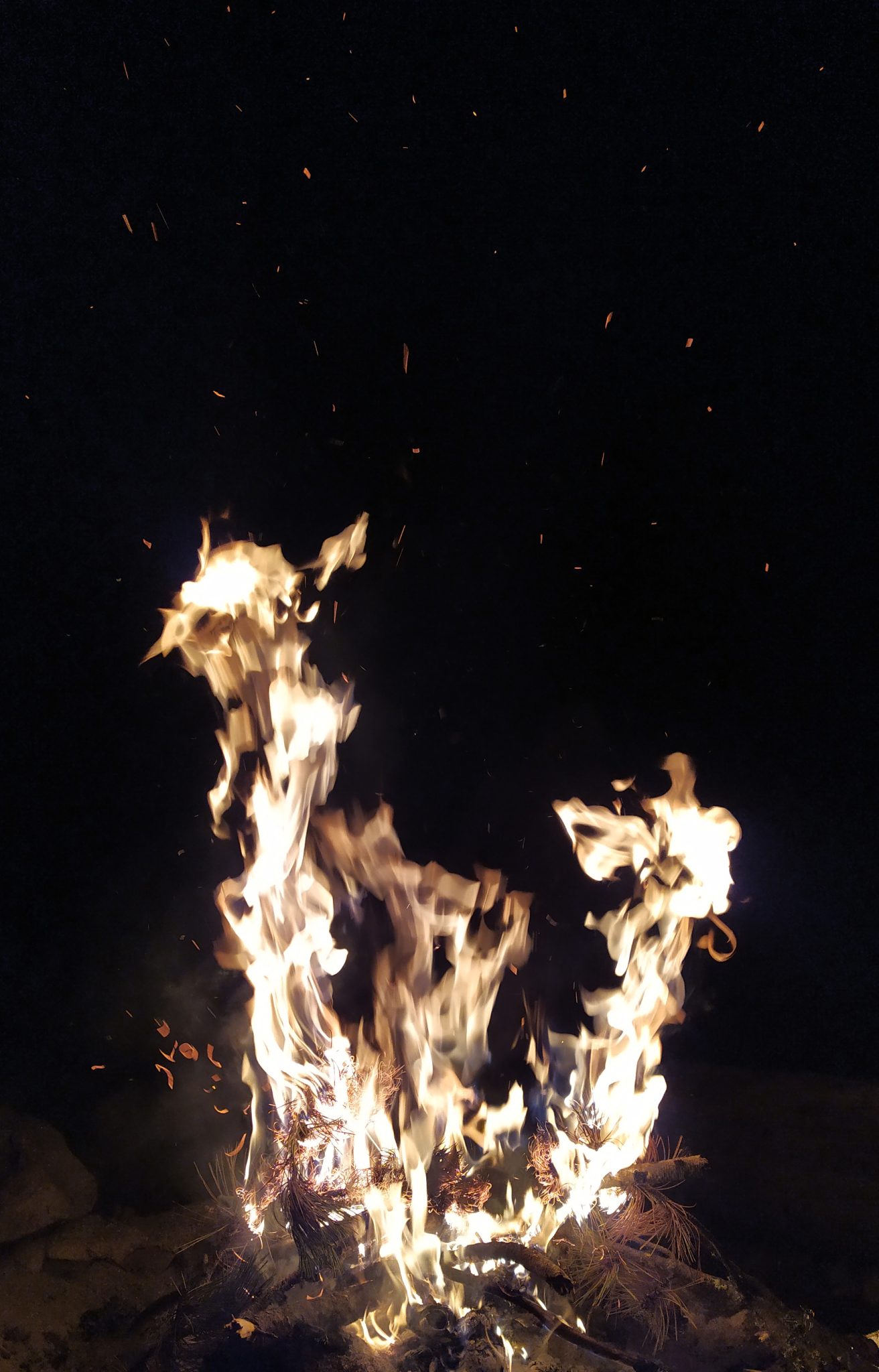 Camp fire with sparks at night