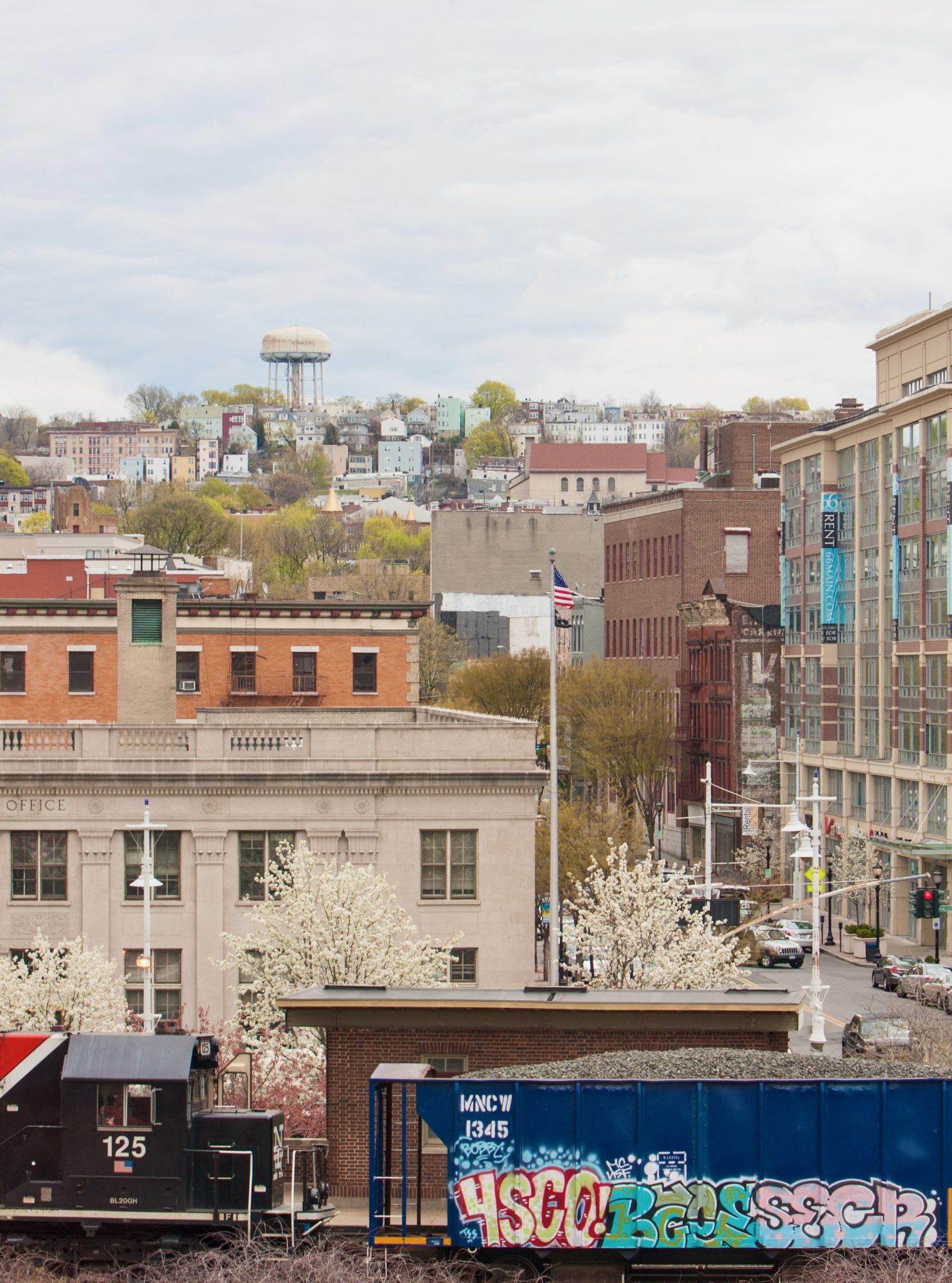 Graffiti on a freight train in downtown Yonkers, NY, in the spring