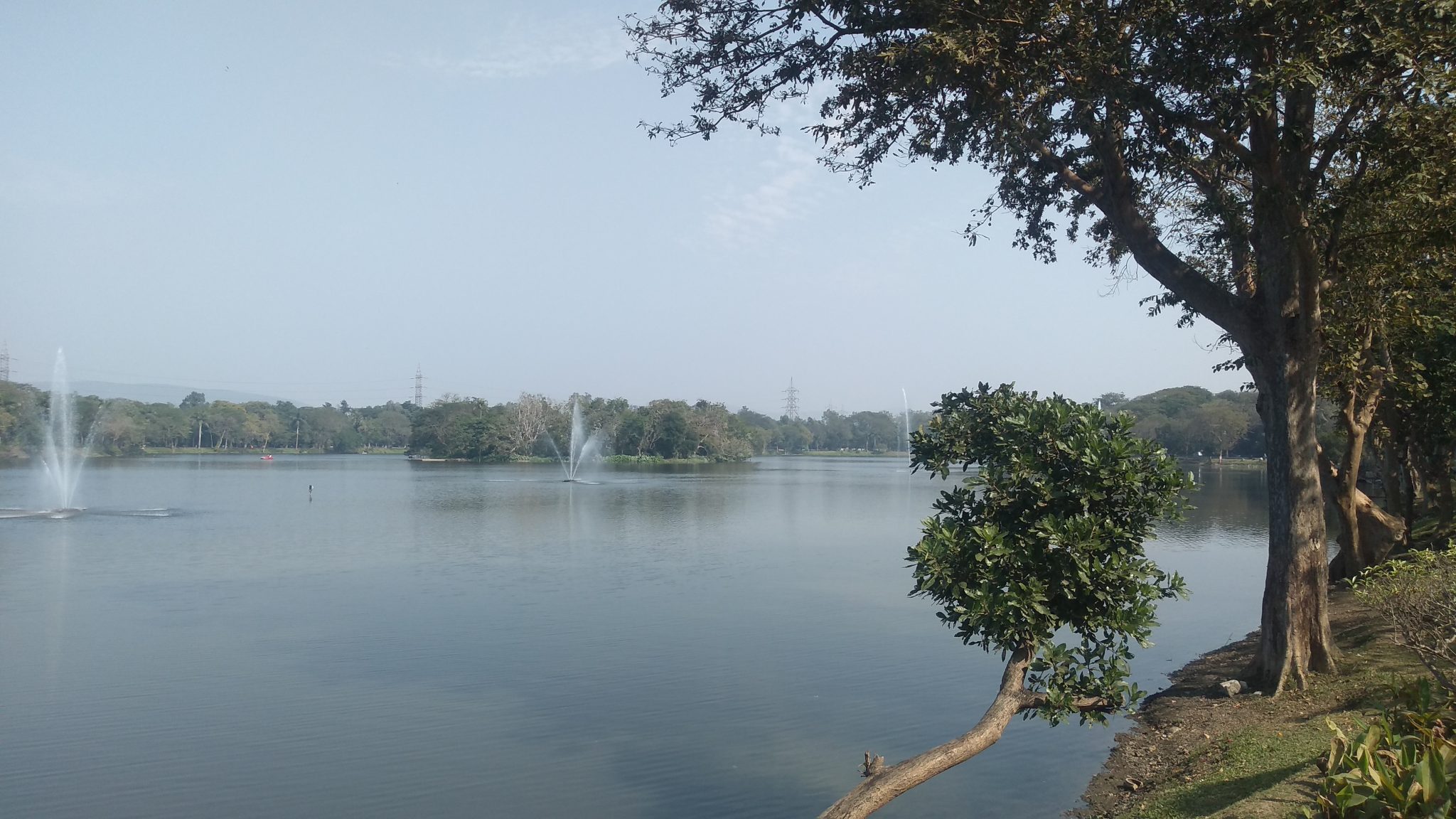 Lake with fountain and small island in center.