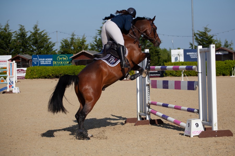 Girl on horseback jumping in show