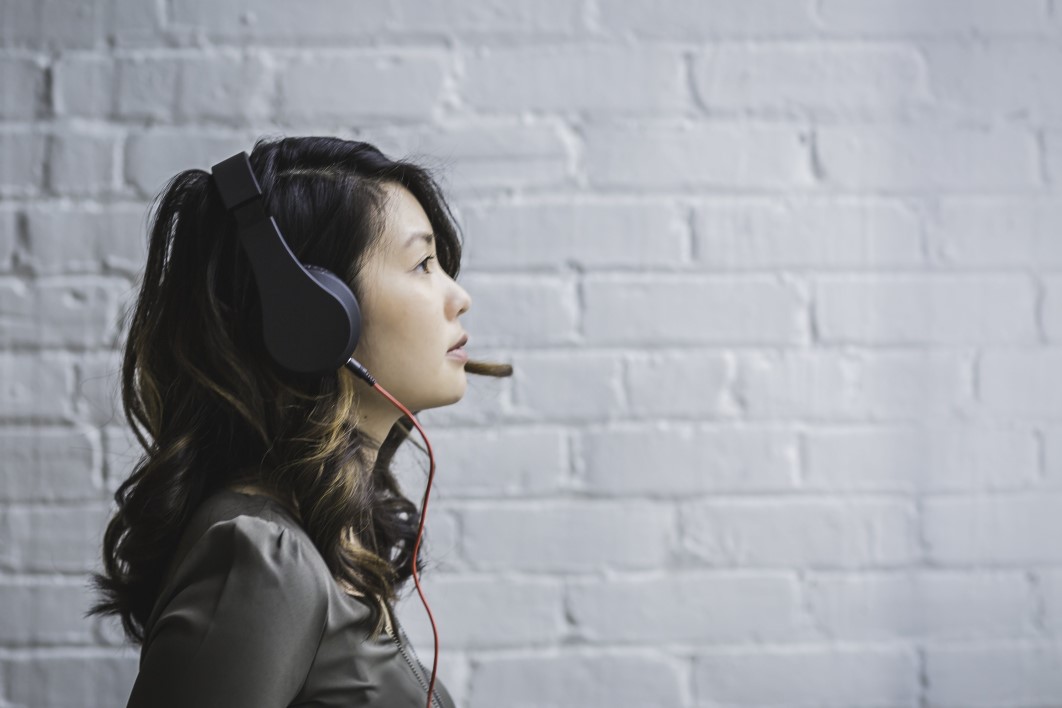 Woman Headphones White Wall