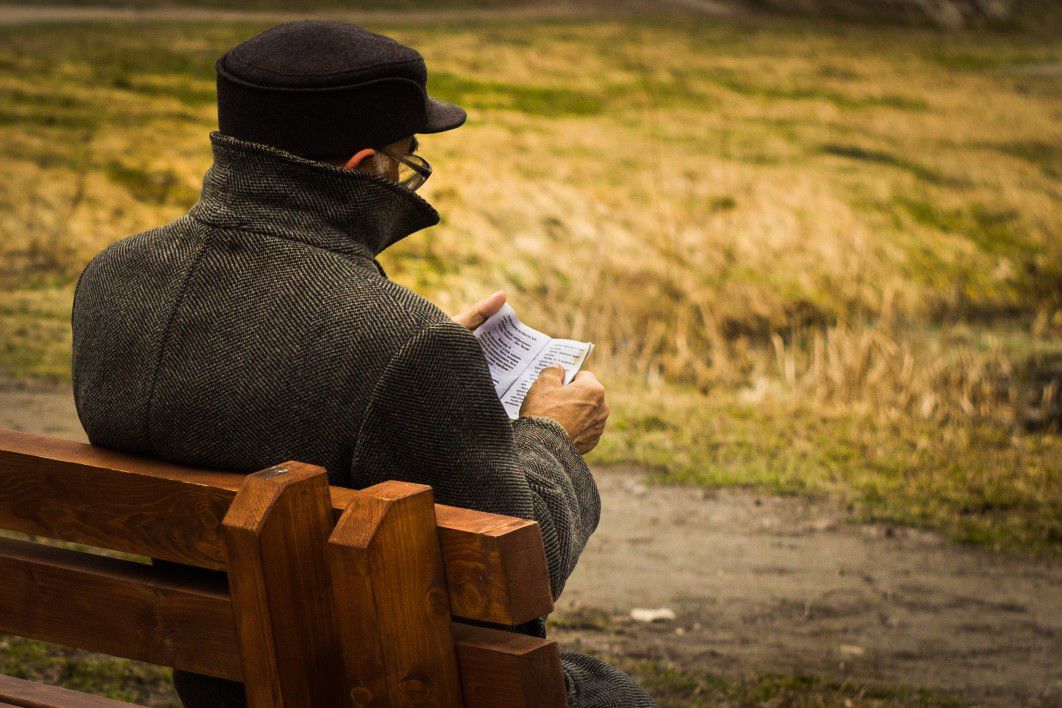 Old Man Reading Book Park Bench