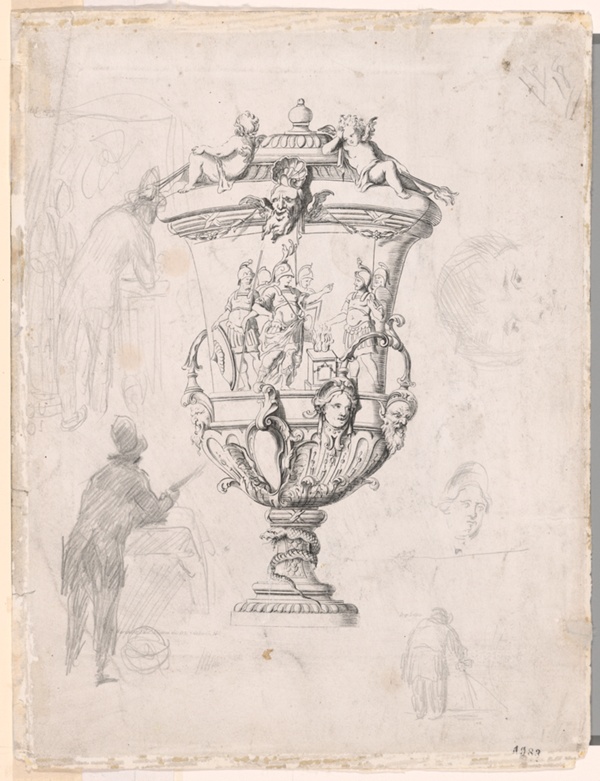 Figure Studies Around an Engraving of an Ornamental Vase