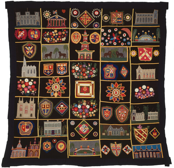 Quilt with Buildings, Animals, and Coats of Arms