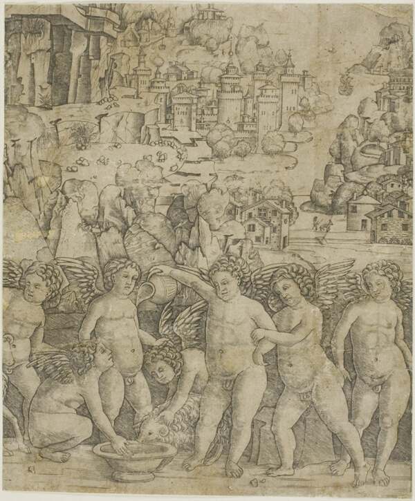 Seven Cupids with Two Rams in a Landscape