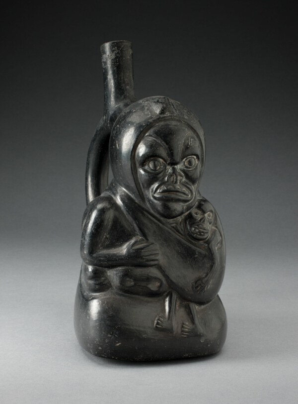 Handle Spout Vessel in the Form of a Skeletal Figure Holding a Child