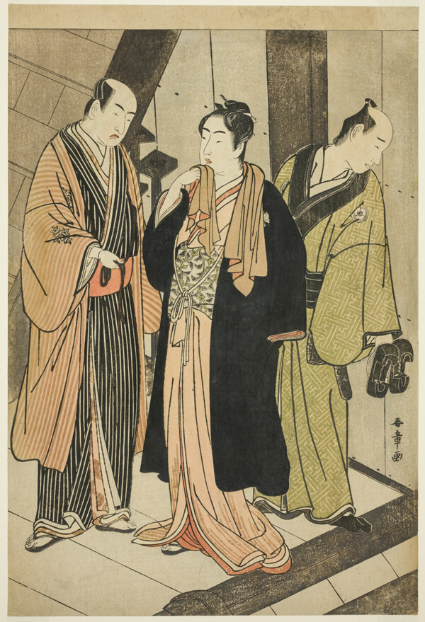 Actors Ichikawa Monnosuke II, Iwai Hanshirô IV, and (possibly) Iwai Karumo on a Landing Backstage