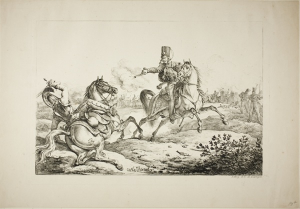 Hussar Discharging his Pistol at a German Dragoon