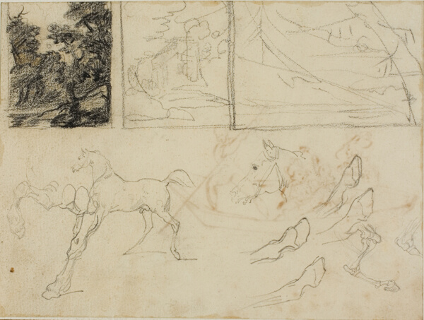 Sheet of Sketches: three Landscapes, Horses, and Hooves