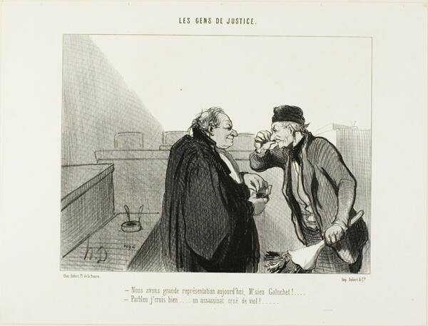 “- Should be a great performance today, Mr.Galuchet... - I should think so... A murder case with a rape thrown in...,” plate 31 from Les Gens De Justice