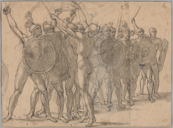Nude Soldiers Gesticulating with Their Weapons (recto); Two Drapery Studies for the Figure of Tatius (verso)