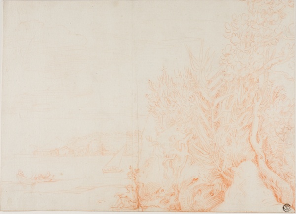 View of Harbor, with Figure and Vegetation in Foreground