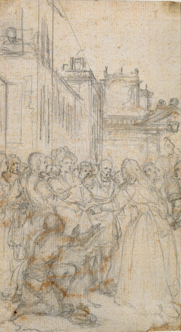 Literary Illustration with Group of Figures Pleading with Man