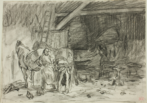 Interior of a Blacksmith's Shop (recto); Man Bending Over, Seen from Read (verso)