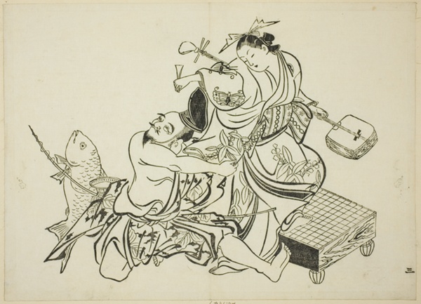 Ebisu flirting with a courtesan, no. 3 from a series of 12 prints