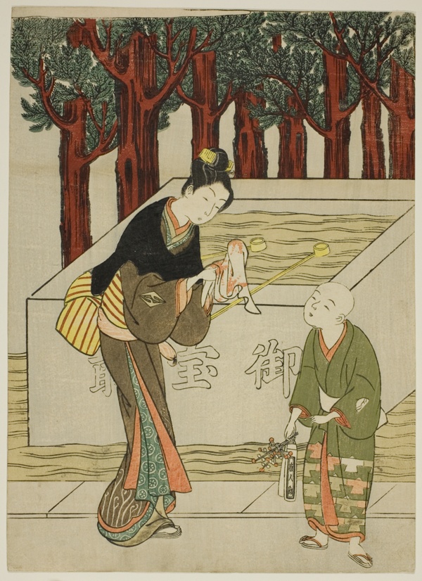Woman Washing Her Hands before Entering a Shrine