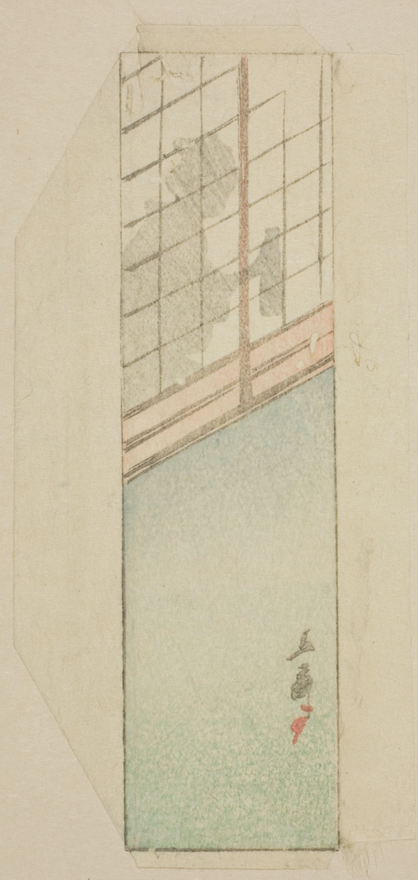 Envelope of woman behind sliding screens