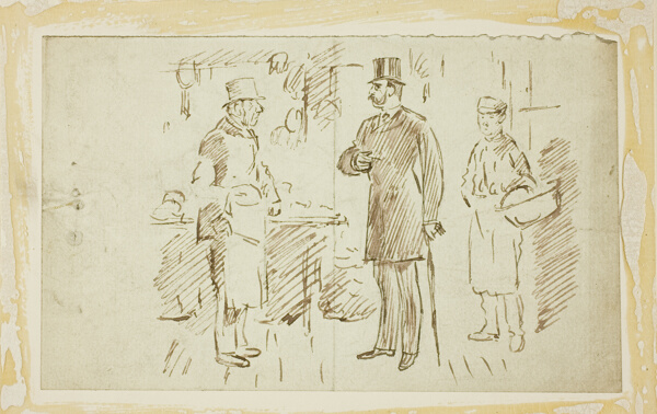 Gent in Tall Hat Addressing Butcher