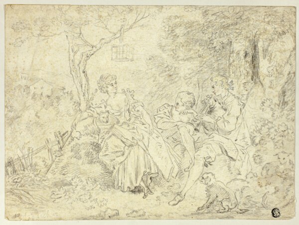 Shepherdesses and Young Man Playing Bagpipe