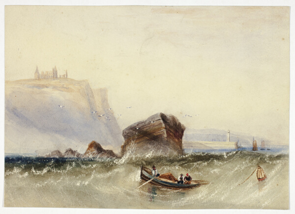Three Men in Rowboat off Rocky Coast