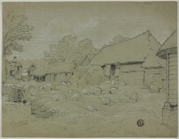 Farmyard with Haystack and Pigs