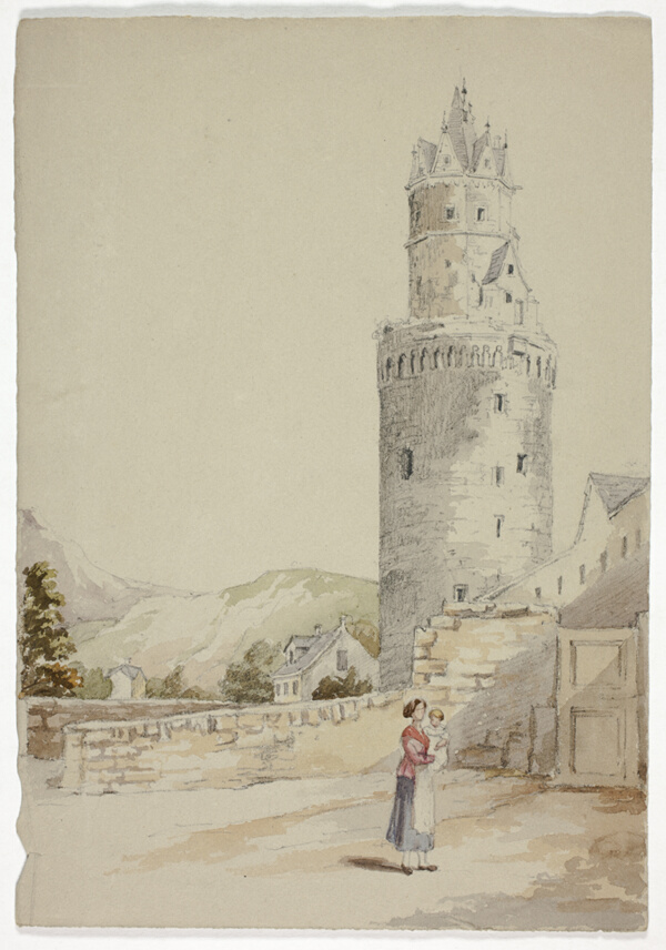 Woman and Child before Walled Town with Tower