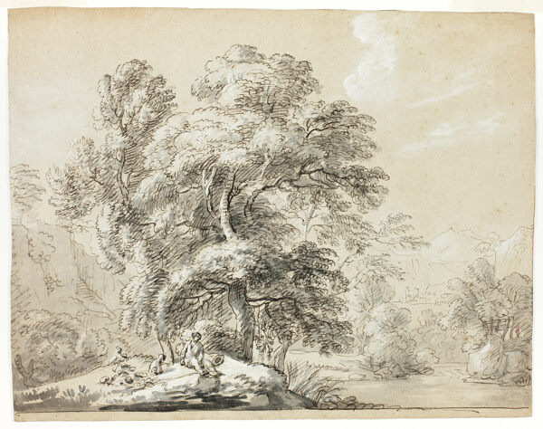 Man and Dog Seated Below Trees by River