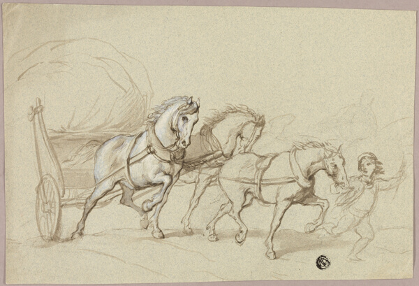 Child Leading Three Horses and Wagon