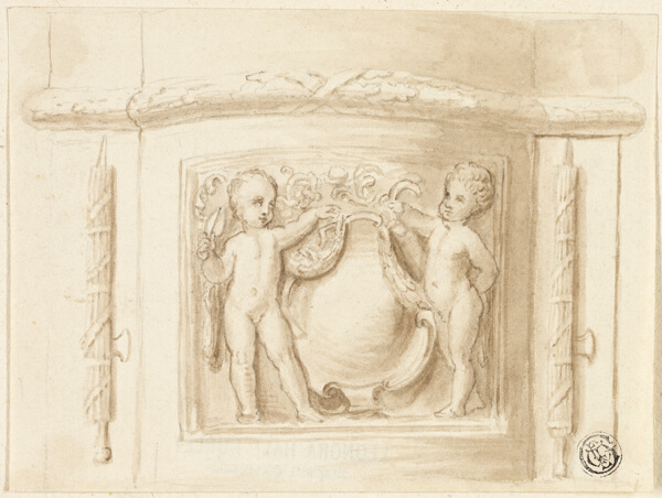 Base of Pilaster with Relief, with 2 Putti, Shield