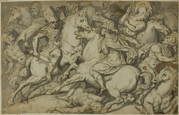 Cavalry Skirmish (recto); Kneeling Ecorché (verso)