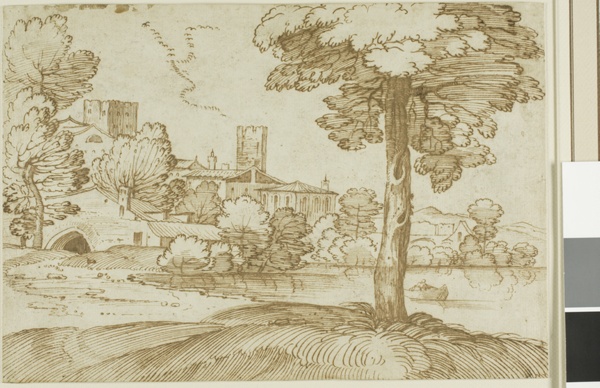 Landscape with a Large Tree on the Right and a Distant View of a Town on the Left