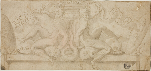 Design for Overdoor: Two Ignudi with Dolphins and Shields