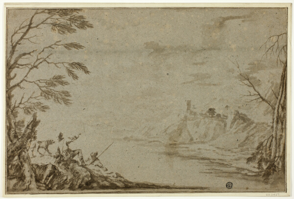 Hunters with Dog Beside River