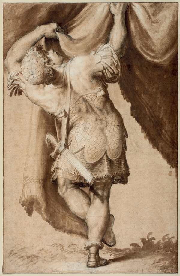 Young Warrior, Seen from Behind, Lifting a Curtain