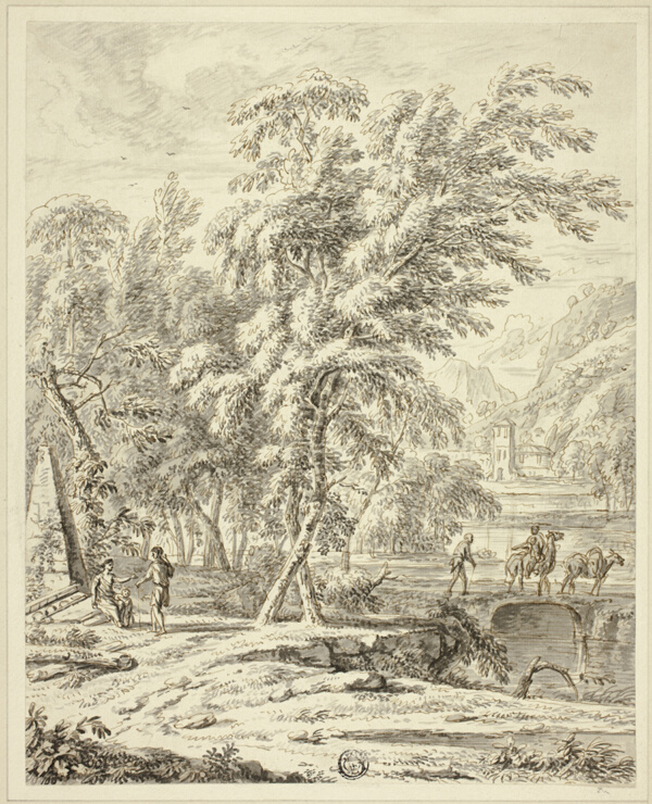 Italianate Landscape with Figures Crossing Bridge