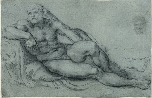 Study of Hercules Resting, with Separate Studies of His Head and Foot (recto); Rectangular grid design (verso)