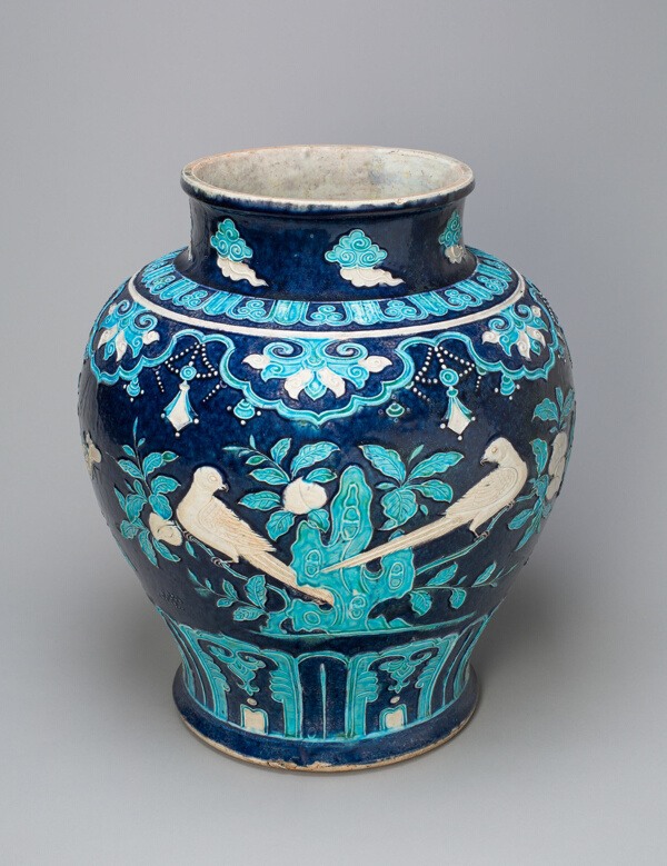 Jar with Birds and Butterflies on Flowering Branches