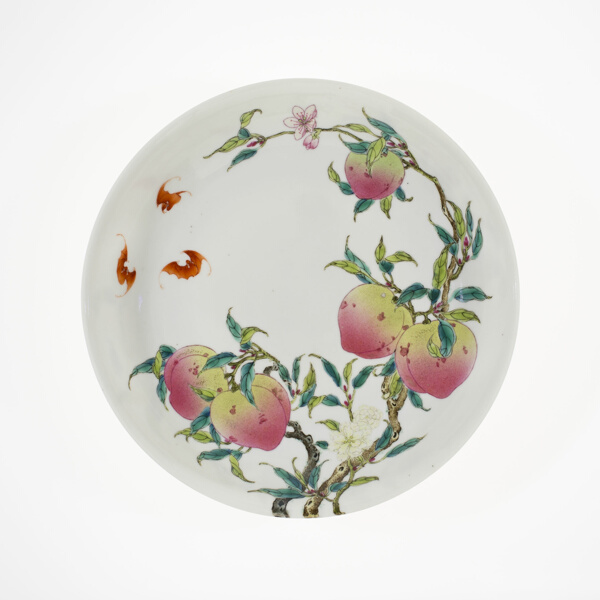 Dish with Fruiting Peaches, Tree Peony, Flowering Plum, and Bats