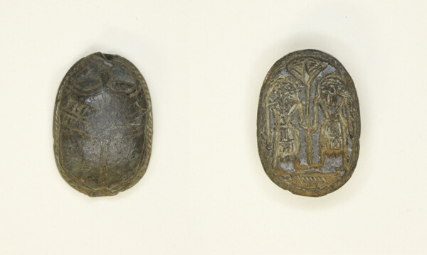 Scaraboid: Face Motif on Top; Two Figures Holding Flower on Base