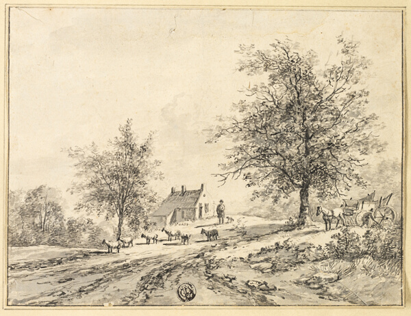 Goatherd, Goats on Road near Carriage and House