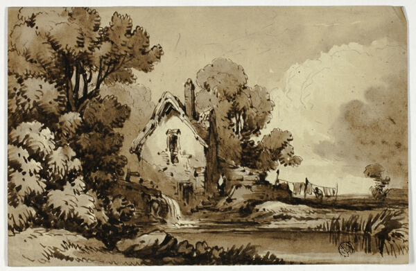 Watermill Beside Stream, with Clothes on Line