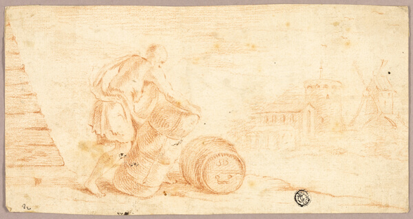 Man Moving Bale, Cask, with Windmill in Distance
