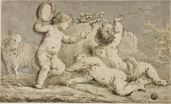 Three Cherubs Playing around a Rock