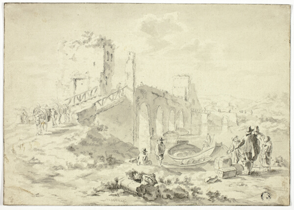 Figures Crossing Stone Bridge Above Boat Ferrying Barrels