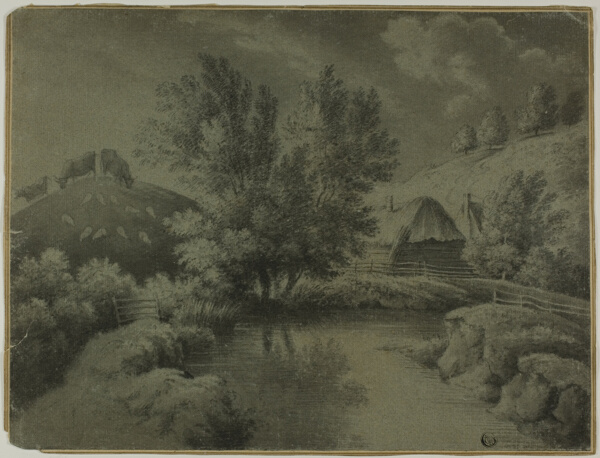 Farm with Pond in Foreground, Cows Grazing on Hill