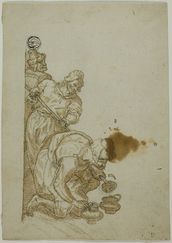 Three Men, One Bending Over Vessels